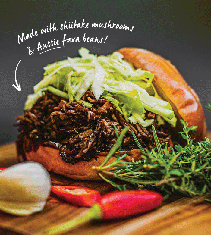 Pulled "Beef" Slider with "Made with shiitake mushrooms & Aussie fava beans!" tagline